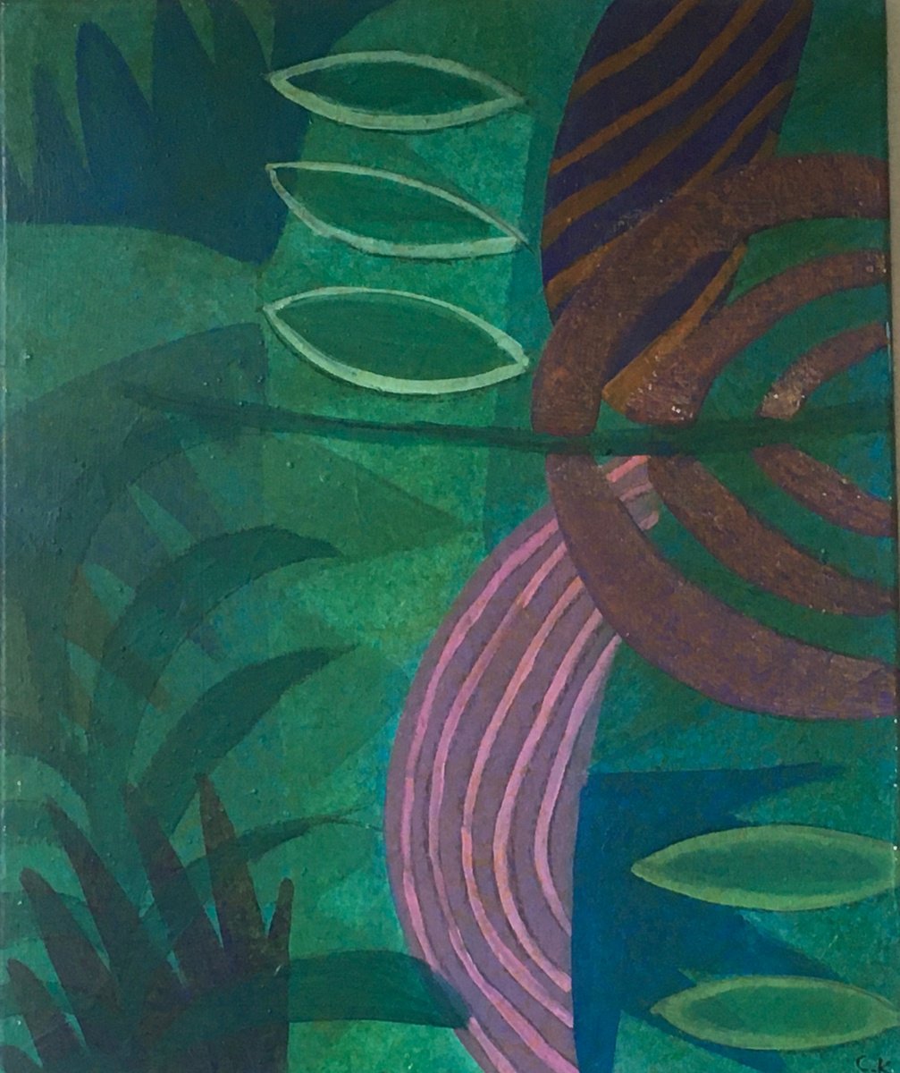 Abstract Botanical Painting By Chihiro Kinjo, 20 X 24, Green Garden-4, Original Artwork