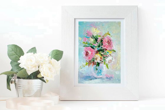 Roses Painting Original Art Floral Oil Painting Flower Bouquet Artwork Small Wall Art