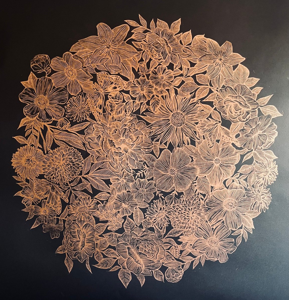 Illustrative Linocut , In Bloom (Copper) By Amy Cundall, 27 X 27, Artwork For Sale On Artfinder