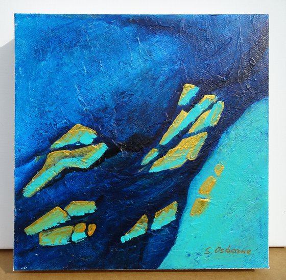 Small Blue and Gold Abstract Landscape Painting #4. 25x25cm. Small Abstract Seascape