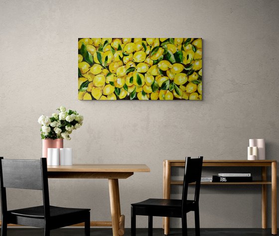 Lemons, oil painting, still life. Palette knife painting on canvas. Size 112x56 cm.