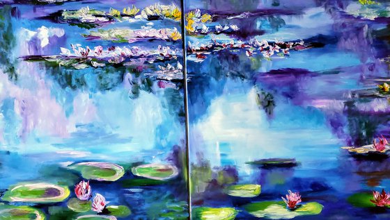 Water Lilies  184 x 76 x 2 cm, water reflections, diptych, oil painting on canvas