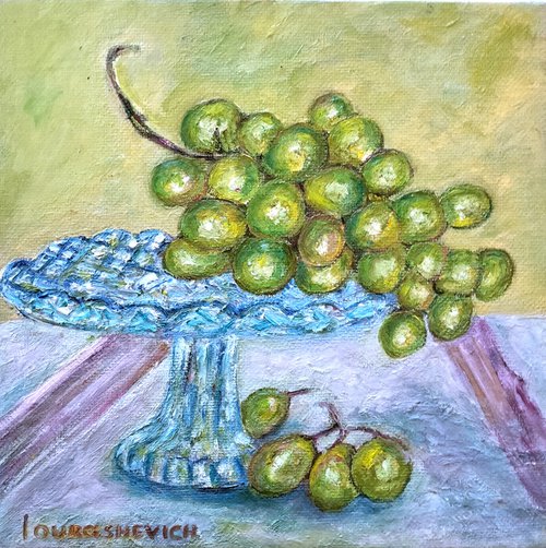 "Still Life with Green Grapes" Original Oil on Canvas Board Painting 20x20cm/8x8 in by Katia Ricci