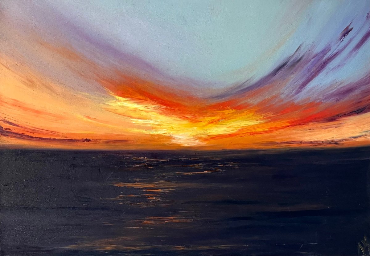 Expressive Landscape Oil Painting By Anastasiia Novitskaya, 28 X 20, Sunset Over The Ocean, Original Artwork