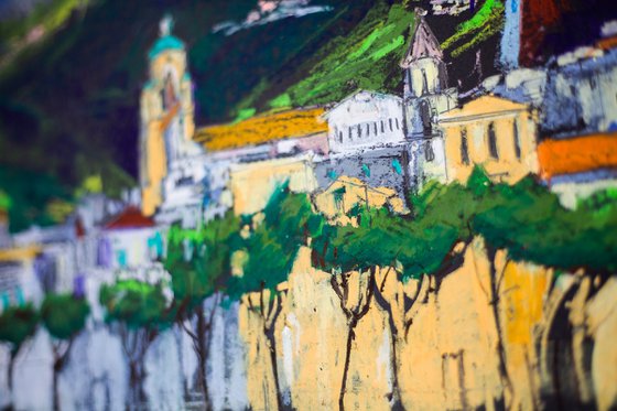 Amalfi. View from the sea. Cities of my dreams series. Medium oil pastel drawing bright colors italy