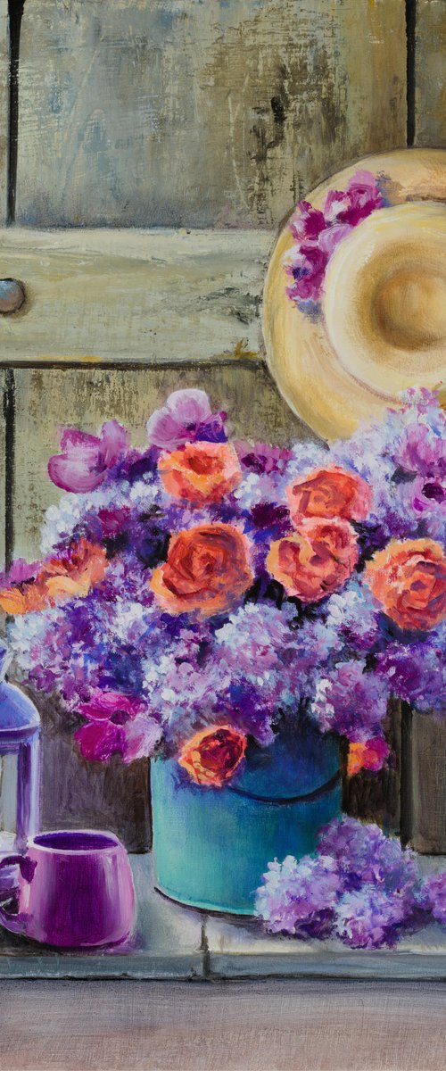 Red and purple flowers still life by Lucia Verdejo