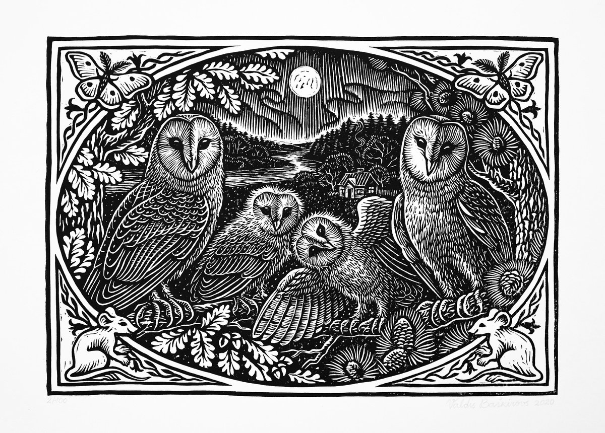 Owl linocut print. by Valdis Baskirovs