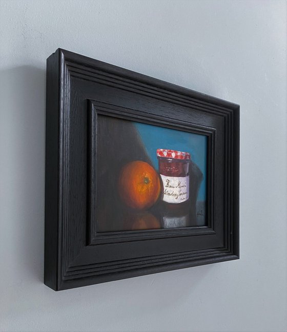 Original oil painting orange and strawberry jam jar, still life.