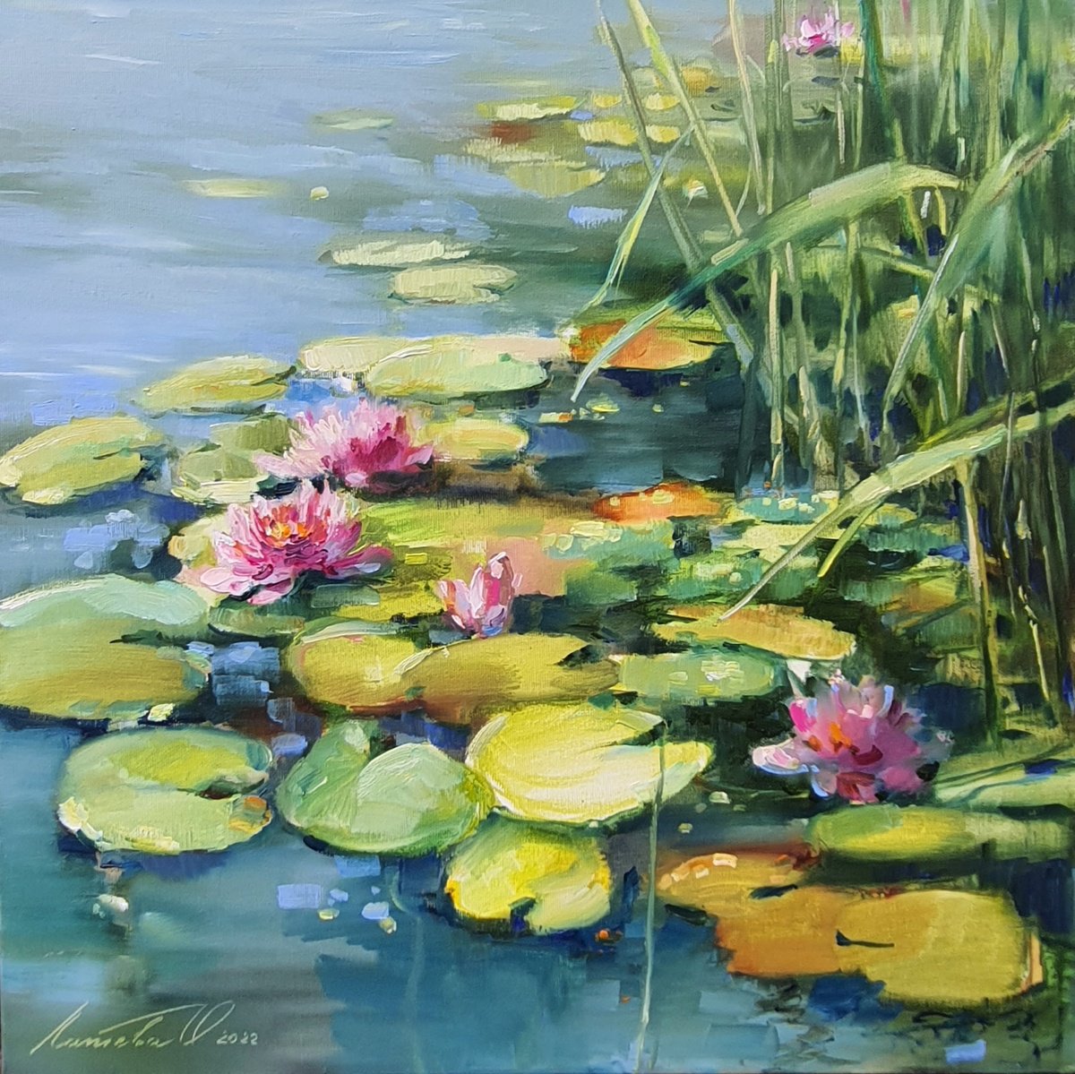 Impressionistic Landscape Oil Painting By Olha Laptieva, 20 X 20", Pink Water Lilies, Original Artwork