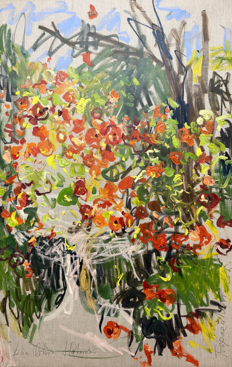 Expressive Botanical Oil Painting By Lilia Orlova-Holmes, 35 X 55", Tropaeolum, Original Artwork