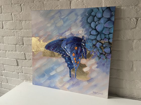 Butterfly on flower. Original oil painting. Blue butterfly