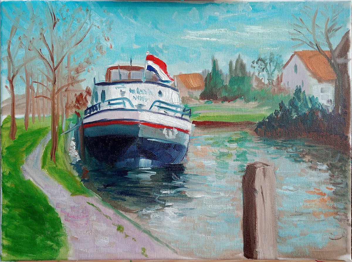 Impressionistic Landscape Oil Painting By Dmitry Fedorov, 16 X 12, The Barge In Coevorden, Original Artwork
