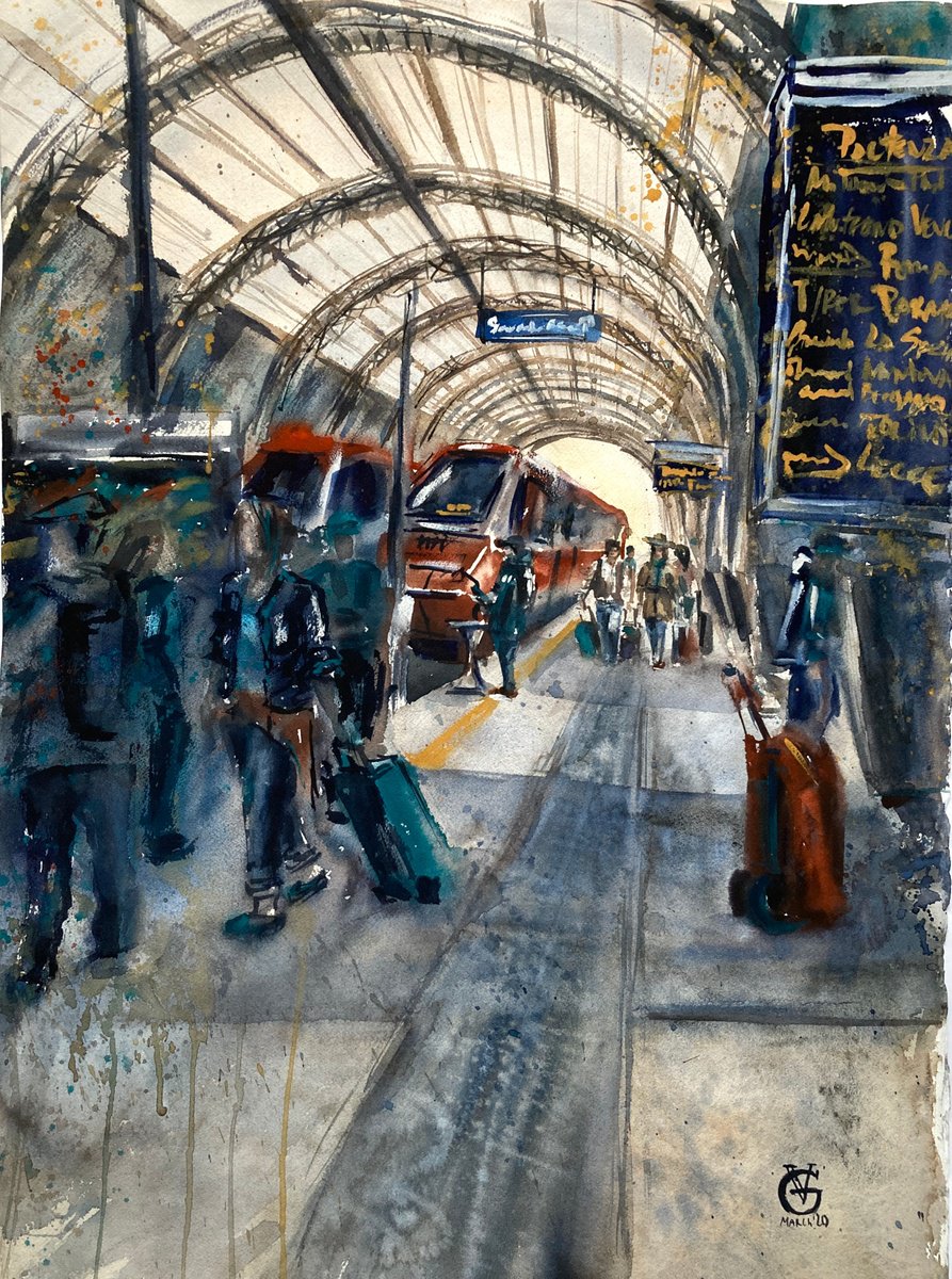 Impressionistic Cityscapes Watercolour By Valeria Golovenkina, 22 X 30", Milano. Railway Station, Original Artwork