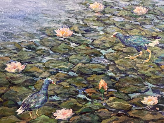 Lily Pond with Birds, Lily Pad Walkers, Lily Garden, Large Lily Pond Painting