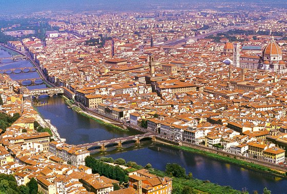 Florence in Panorama Italy with Ponte Vecchio, Palazzo Vecchio and Cattedrale di Santa Maria del Fiore.