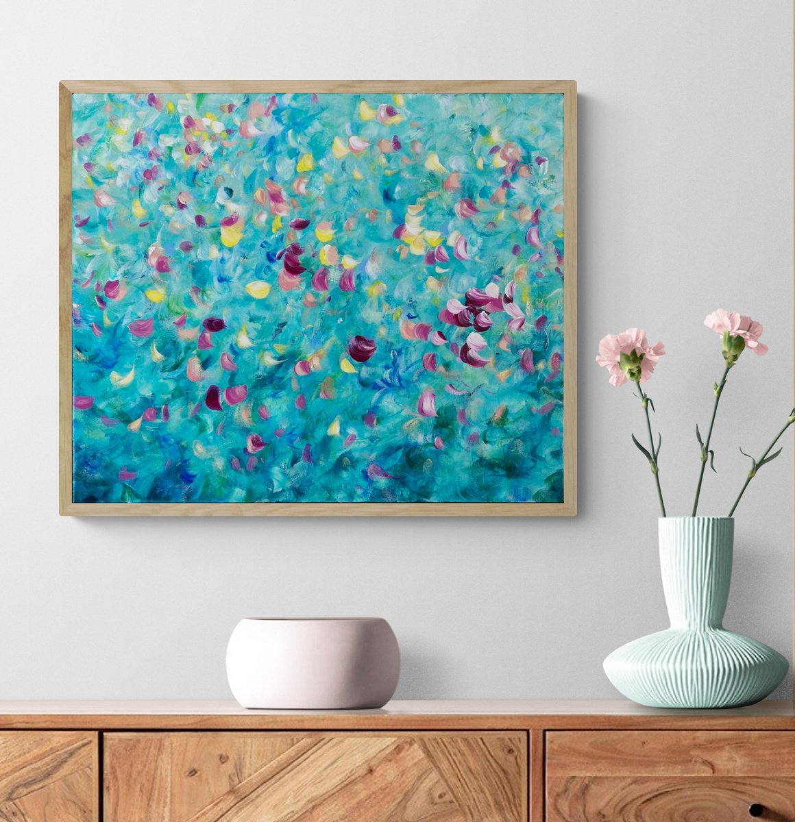 Organic Botanical Acrylic Painting By Katherine Spiller, 25 X 21", Petals In Flight, Original Artwork