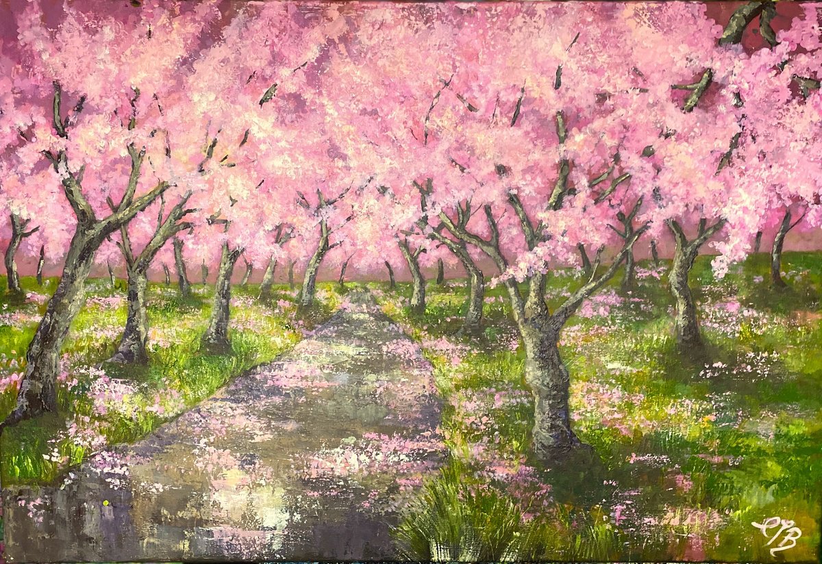 Impressionistic Landscape Acrylic Painting By Colette Baumback, 36 X 24, Under Blossom Trees, Original Artwork