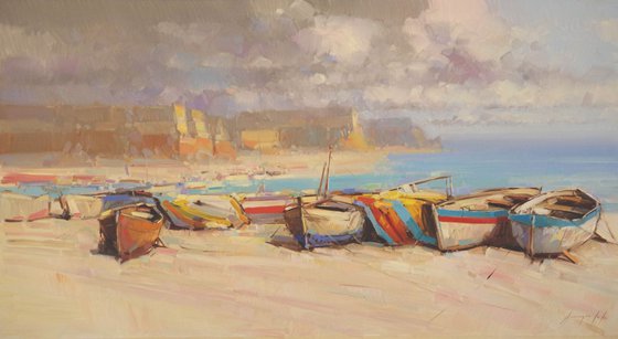 Rowboats on the Ocean Side Original oil painting  Handmade artwork One of a kind Signed with Certificate of Authenticity