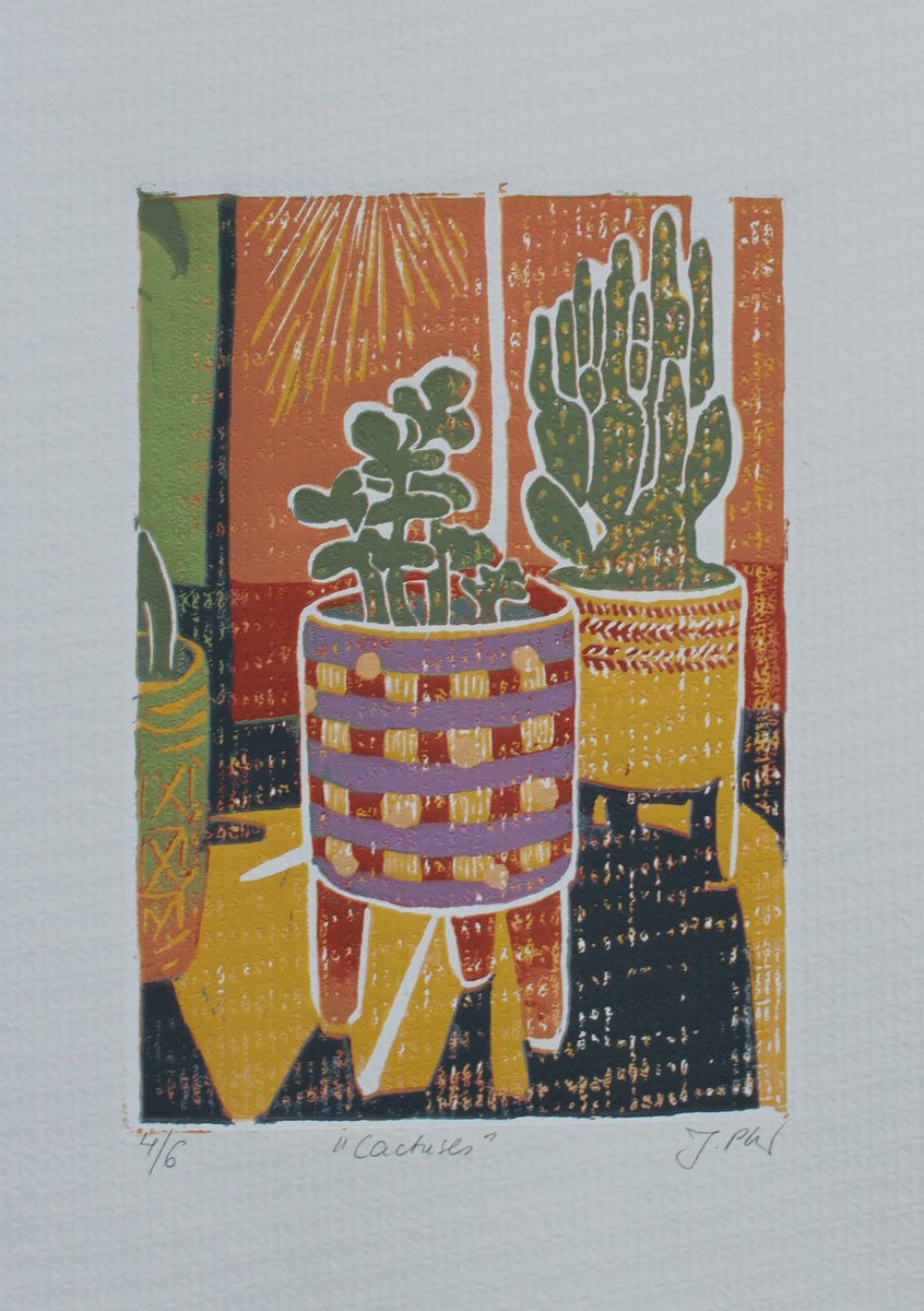 Graphic Linocut , Cactuses By Joanna Plenzler, 8 X 12, Artwork For Sale On Artfinder