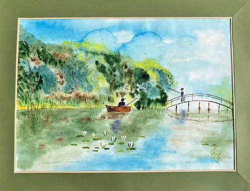 Fishing original watercolor painting by Halyna Kirichenko