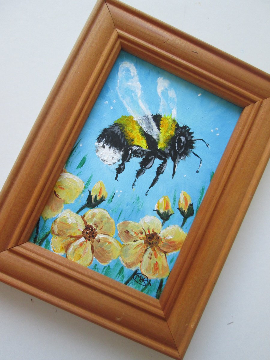 Bumblebee and Flowers miniature framed painting by MARJANSART