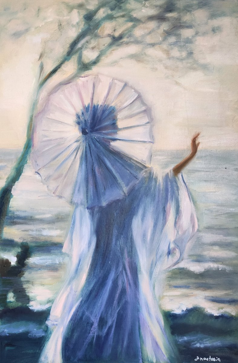 Portrait of Woman with Umbrella at Sea Shore Sunset Modern Blue Art by Anastasia Art Line