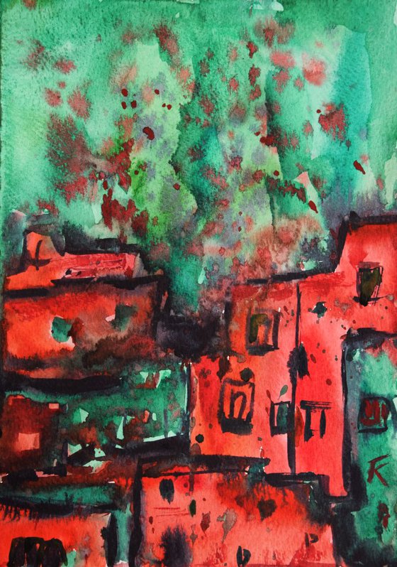 Watercolor painting Abstract cityscape, Green and red city