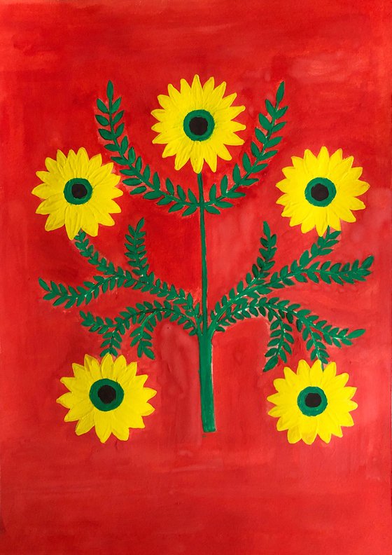 Decorative Sunflowers on Red