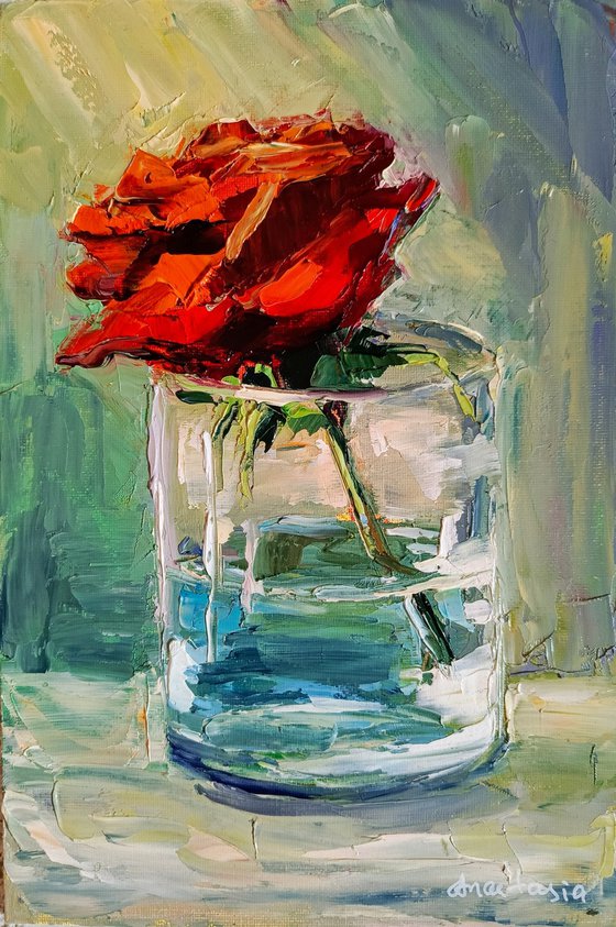 Red rose in the glass Framed and ready to hang floral painting
