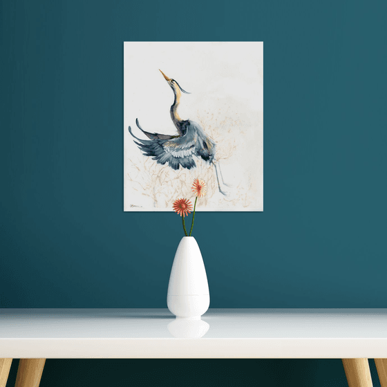 Flying Heron  -  Original Watercolor Painting