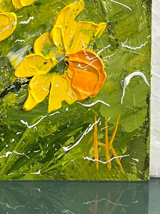 Daffodil Painting Floral Original Art Flower Oil Impasto Artwork Small Wall Art 6 by 6" by Halyna Kirichenko