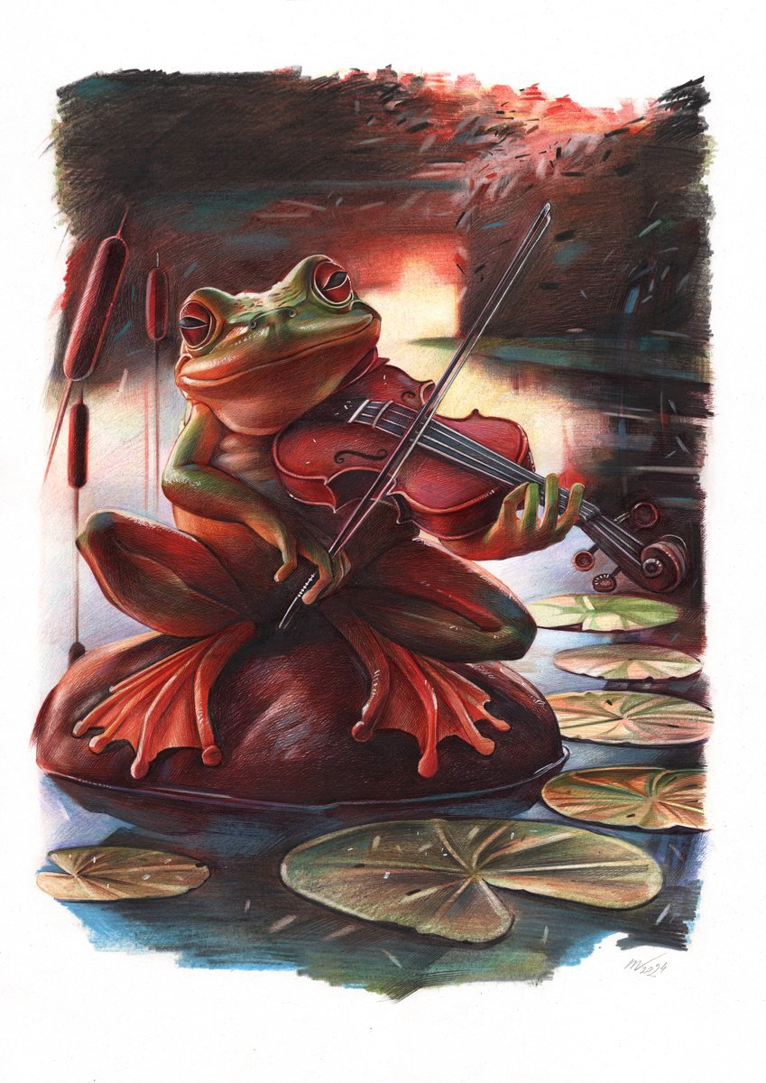 Photorealistic Animal Pencil Drawing By Daria Maier, 14 X 20, The Musical Life Of Frogs, Original Artwork