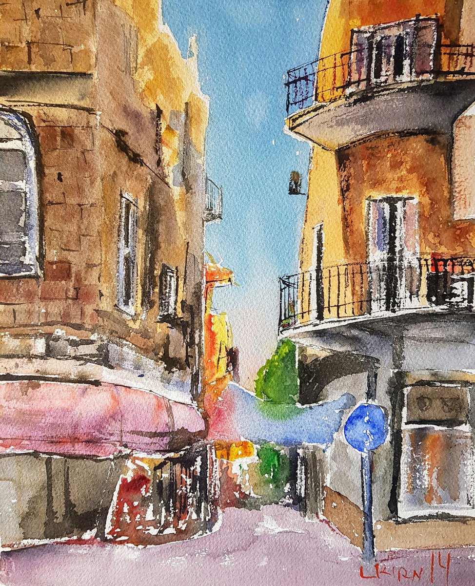 Impressionistic Cityscapes Watercolour By Leonid Kirnus, 10 X 13", The Corner, Original Artwork