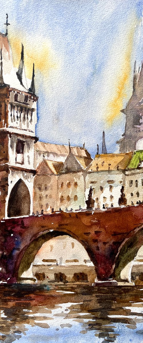 Charles Bridge - Prague Cityscape with Watercolour by Pooja Verma