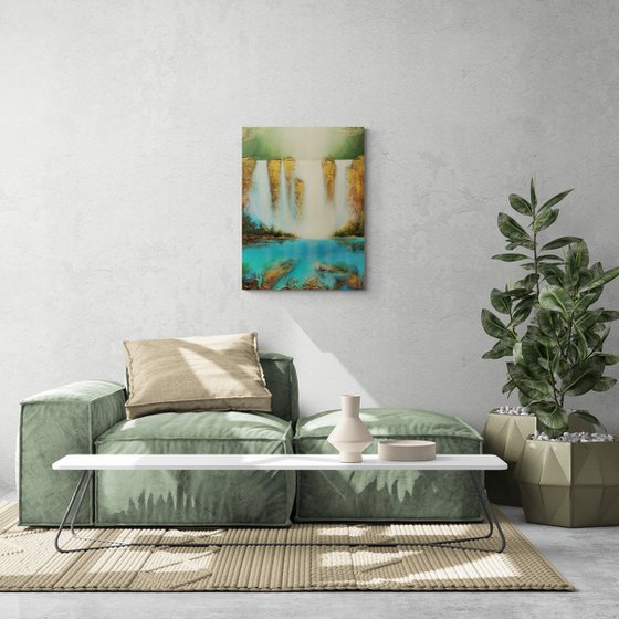 A large abstract beautiful structured mixed media painting of a waterfall "Secret place"