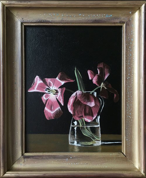 Three tulips in glass jar by Peter Stuhl
