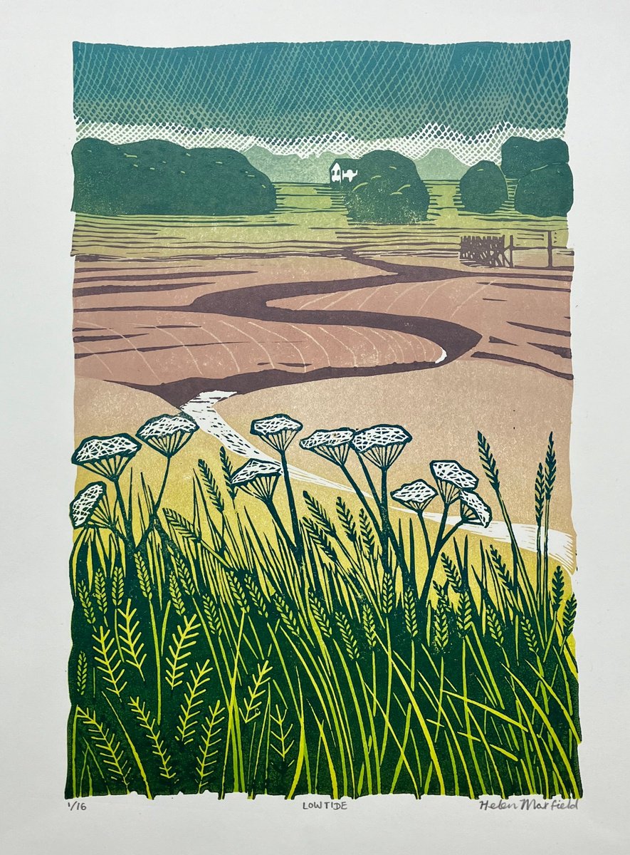 Impressionistic Landscape Linocut By Helen Maxfield, 12 X 16, Low Tide, Original Artwork