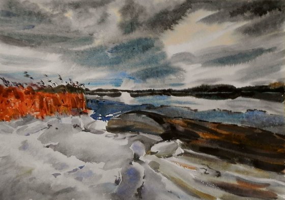 Winter river, large watercolor 98x68 cm
