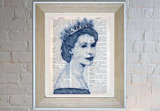 Queen Elizabeth II - Collage Art on Large Real English Dictionary Vintage Book Page