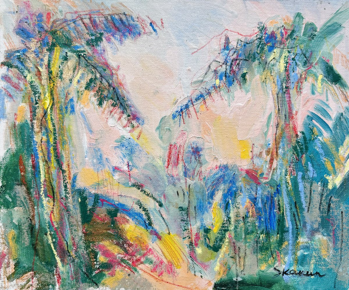 Expressive Botanical Oil Painting By Mari Skakun, 12 X 10", Dancing Palms At Sunset, Original Artwork