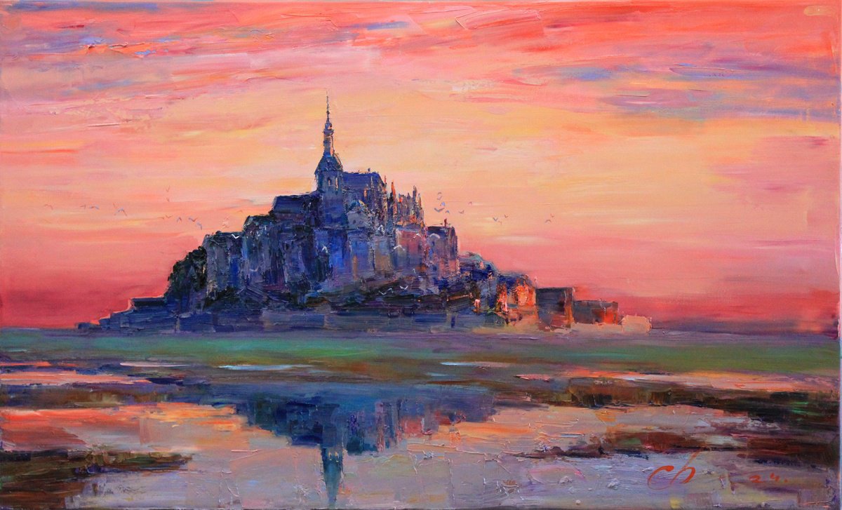 Impressionistic Cityscapes Oil Painting By Serhii Cherniakovskyi, 39 X 24", Evening Mont Saint Michel, Original Artwork