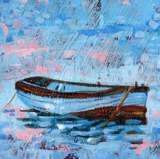 Small Acrylic Painting. Row Boat Gently Bobbing on the Waves.