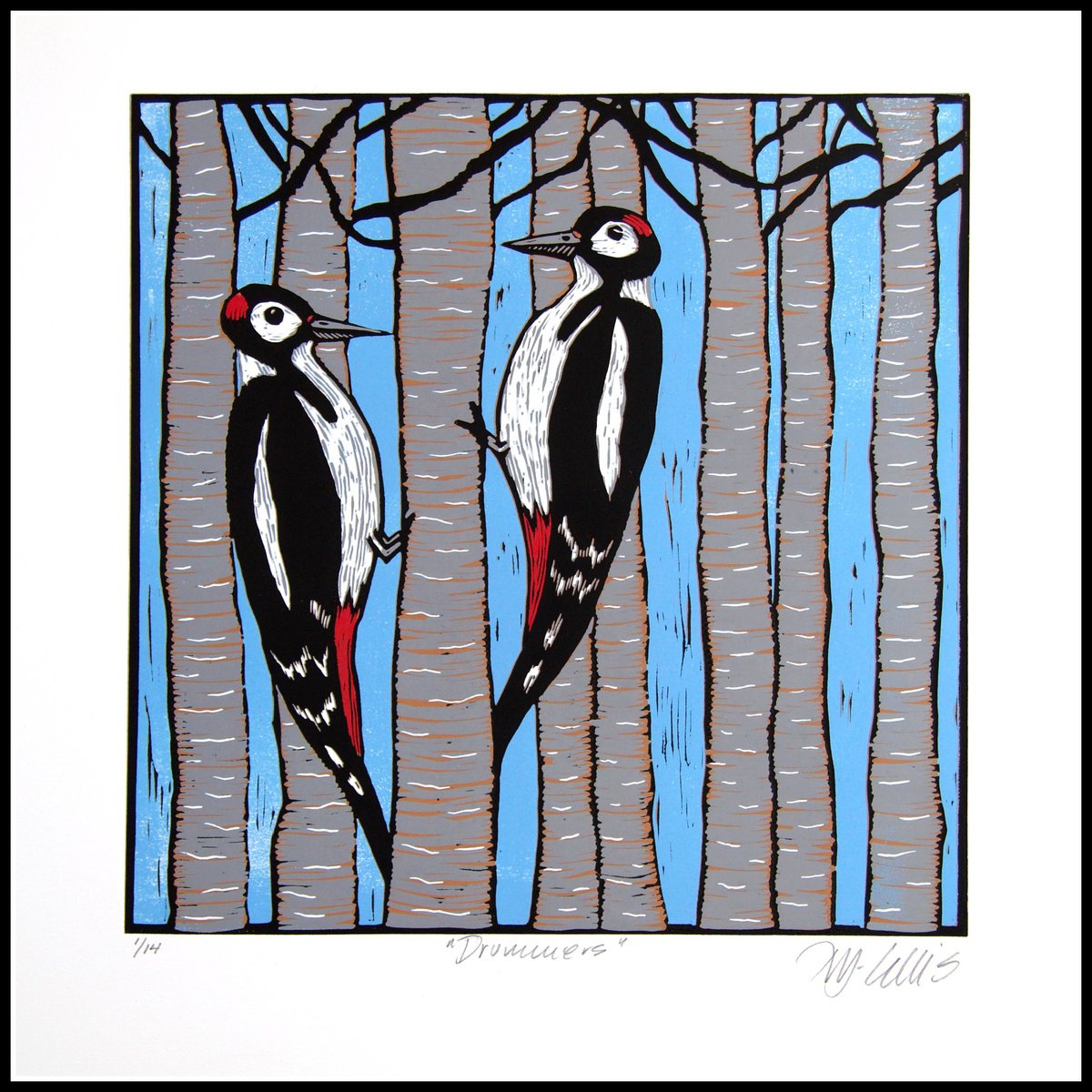 Illustrative Animal Linocut By Mariann Johansen-Ellis, 15 X 16", Woodpeckers, Original Artwork