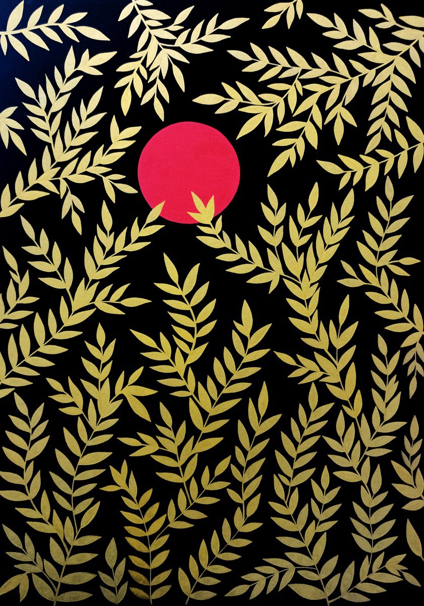 Naive Botanical Acrylic Painting By Veronika Demenko, 11 X 17", Tropical Eden N.9 - Golden Leaves, Original Artwork