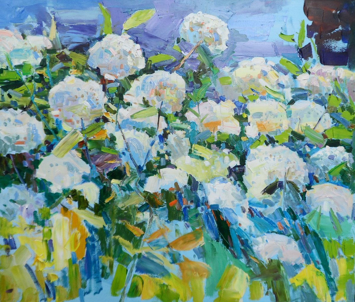 Expressive Botanical Oil Painting By Yehor Dulin, 28 X 24", " Hydrangea ", Original Artwork