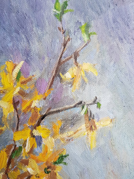 Forsythia by the window original oil painting