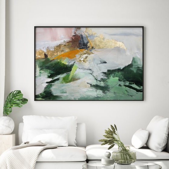 "Green Pulse" Green white gold abstract art