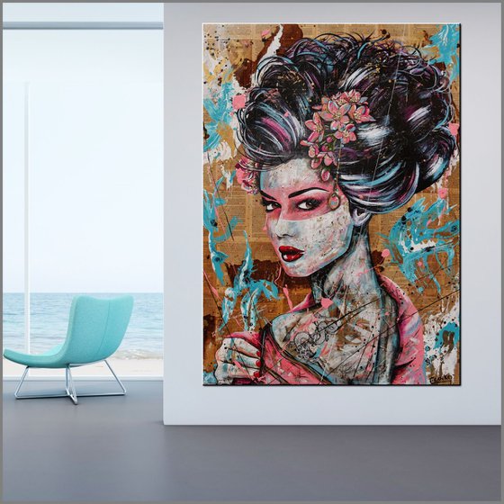 Pinku 140cm x 100cm Geisha Abstract Realism Art