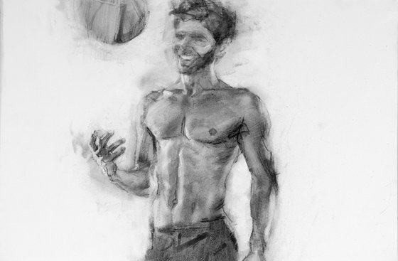 Charcoal drawing on paper "A guy with a ball"