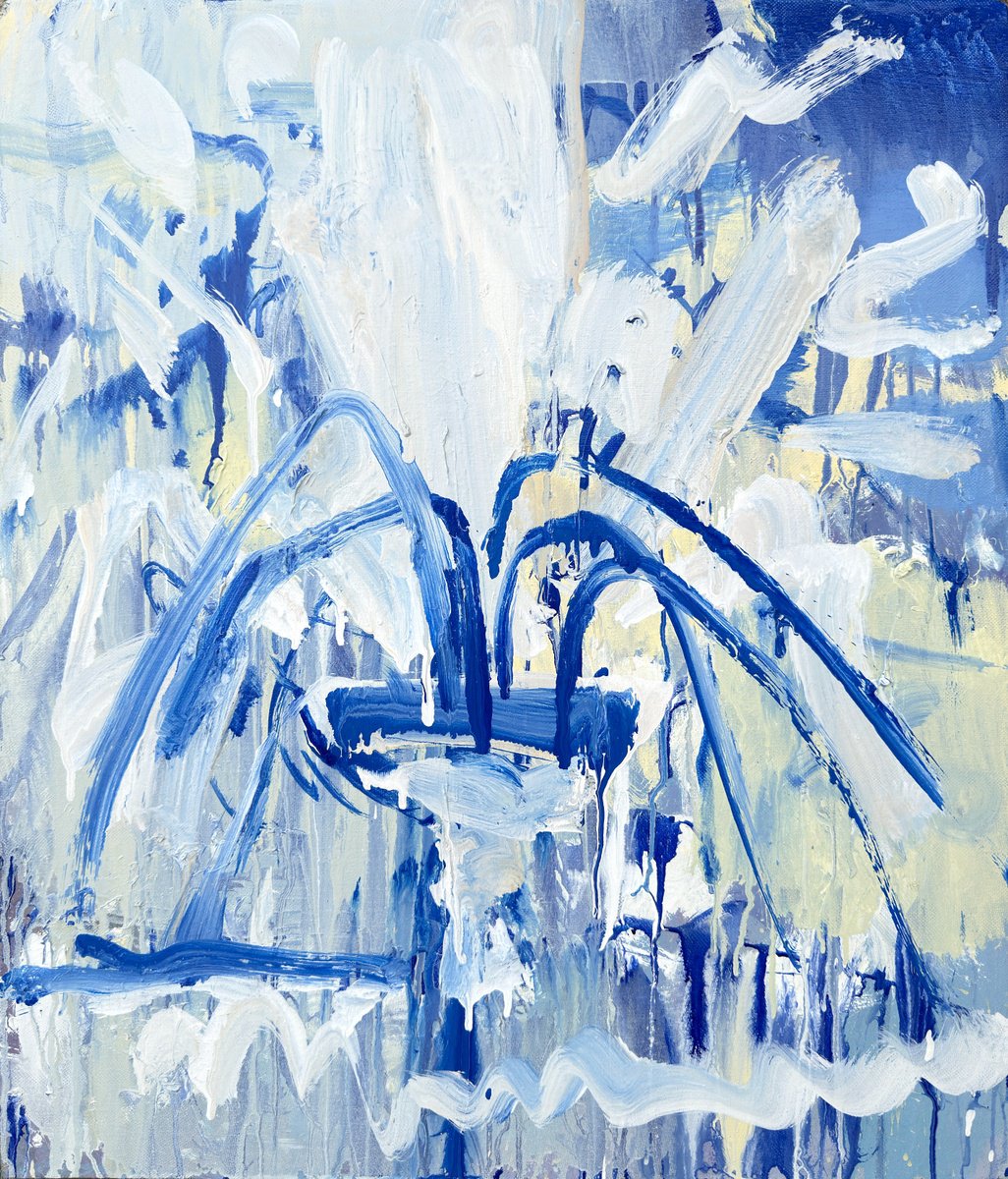 Urban And Pop Landscape Acrylic Painting By Zakhar Shevchuk, 24 X 28", Frozen Fountain, Original Artwork